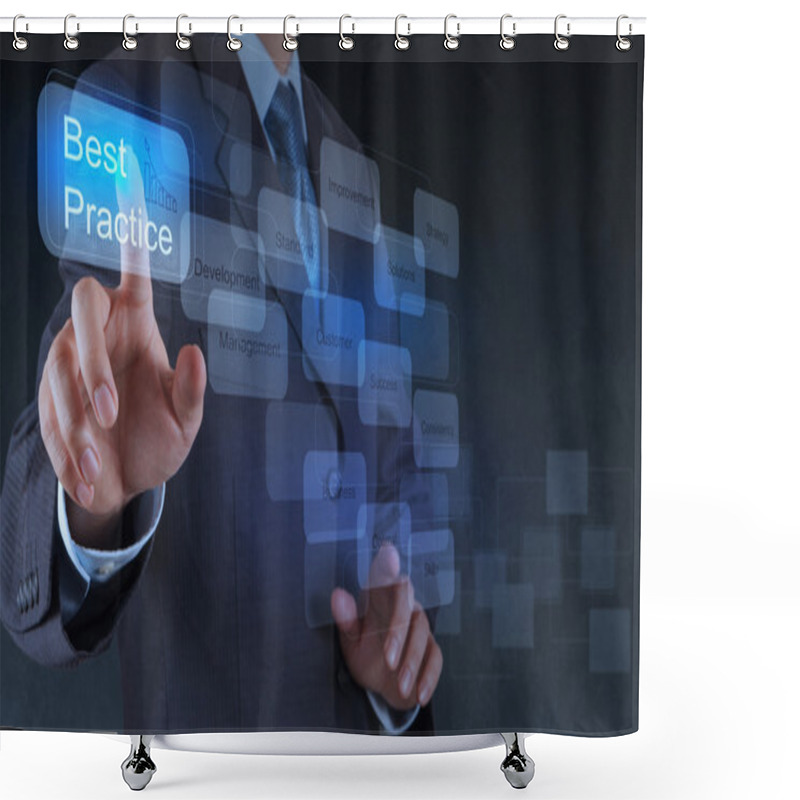 Personality  Businessman Hand Shows Best Practice Word On Virtual Screen Shower Curtains