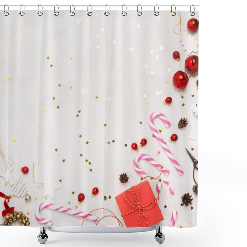 Personality  Merry Christmas And Happy Holidays Greeting Card, Frame, Banner, Pattern. New Year Creative Layout. Christmas Props Tree Toys On White Background Top View With Copy Space.  Shower Curtains