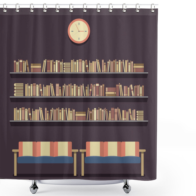 Personality  Flat Design Reading Seats And Bookshelves Vector Illustration Shower Curtains