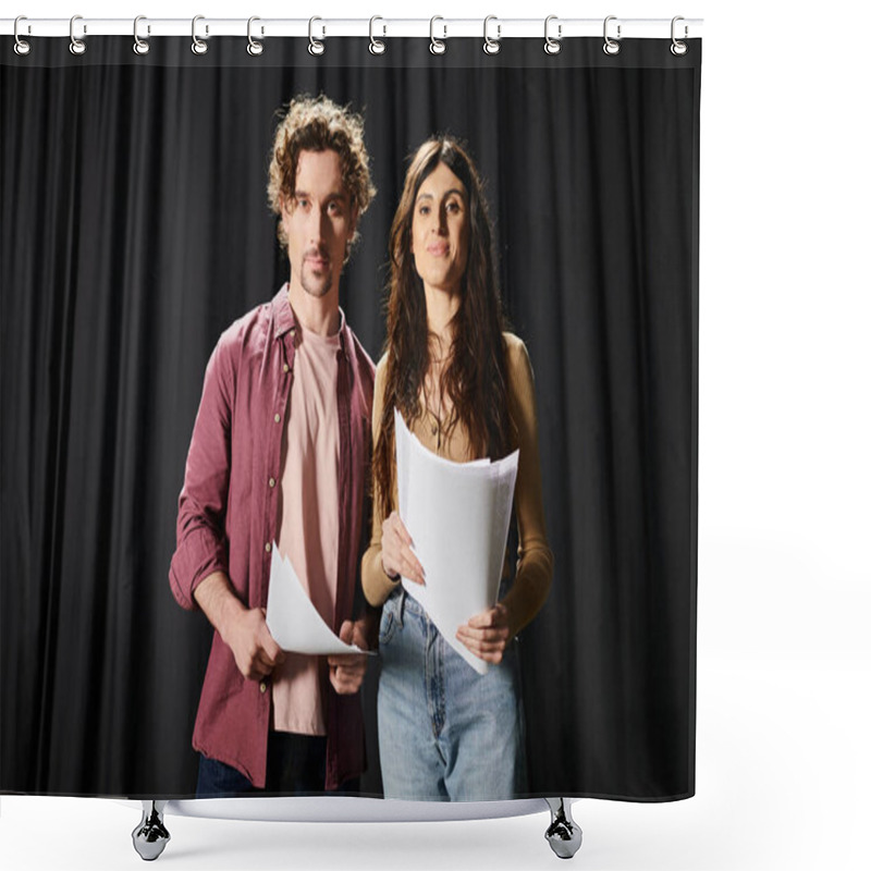 Personality  A Good-looking Man Stands Next To A Woman Holding A Sheet Of Paper During Rehearsals In The Theater. Shower Curtains