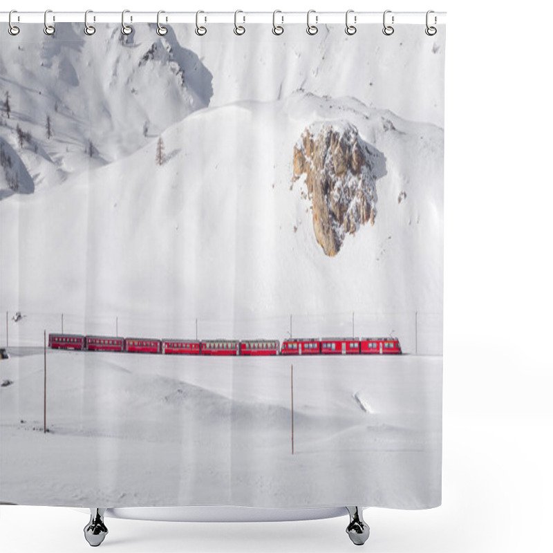 Personality  Bernina Red Train In Snowy Landscape Shower Curtains