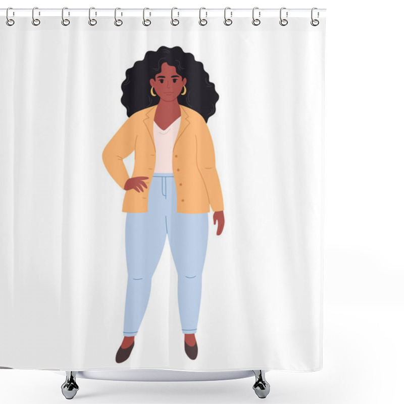 Personality  Modern Young Overweight Black Woman In Office Outfit. Business Woman. Teacher, Entrepreneur, Office Worker. Stylish Fashionable Look. Vector Illustration Shower Curtains