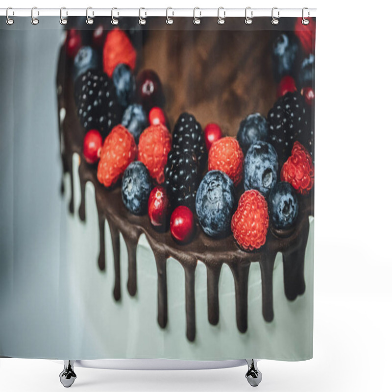 Personality  White Cake With Chocolate Glaze And Berrys, Birthday Cake In Close Up Shower Curtains