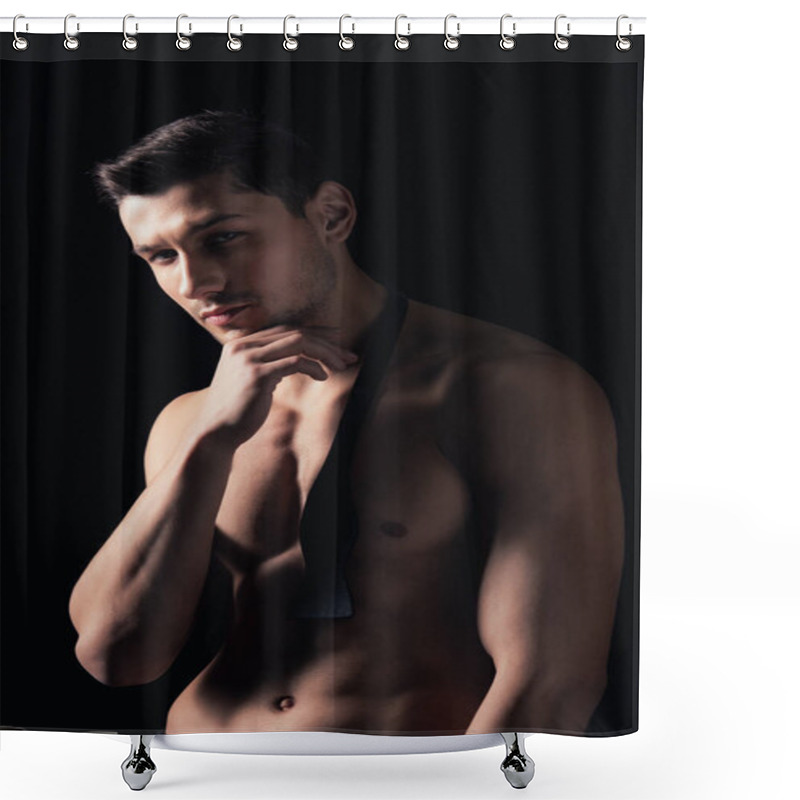 Personality  Shirtless Man Posing, Looking At Camera And Touching Chin Isolated On Black Shower Curtains