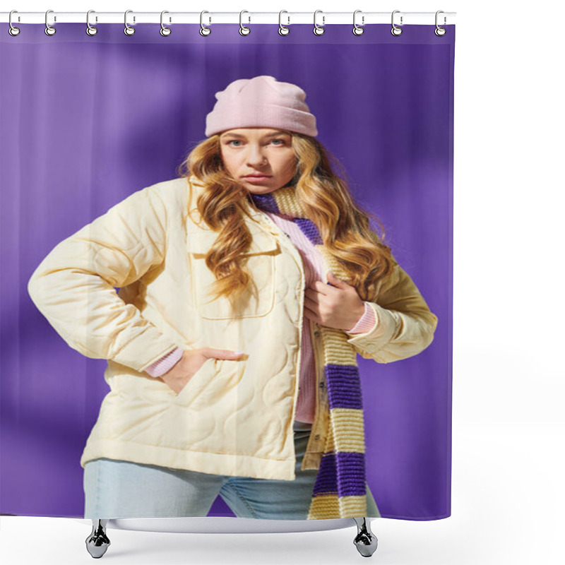 Personality  A Young Beautiful Plus Size Woman Poses Against A Purple Background Wearing Cozy Winter Clothes. Shower Curtains