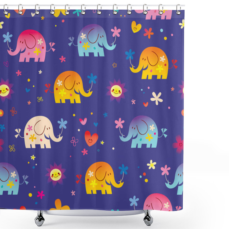 Personality  Cute Elephants And Flowers Seamless Pattern Shower Curtains