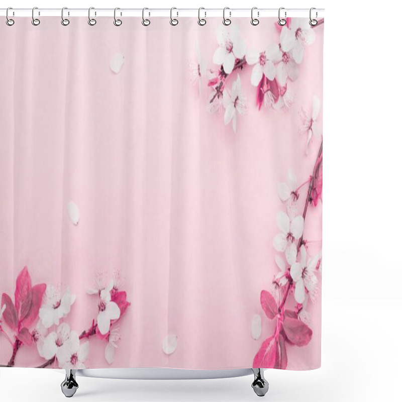 Personality  April Floral Nature. Spring Blossom And May Flowers On Pink. For Banner, Branches Of Blossoming Cherry Against Background. Dreamy Romantic Image, Landscape Panorama, Copy Space. Shower Curtains