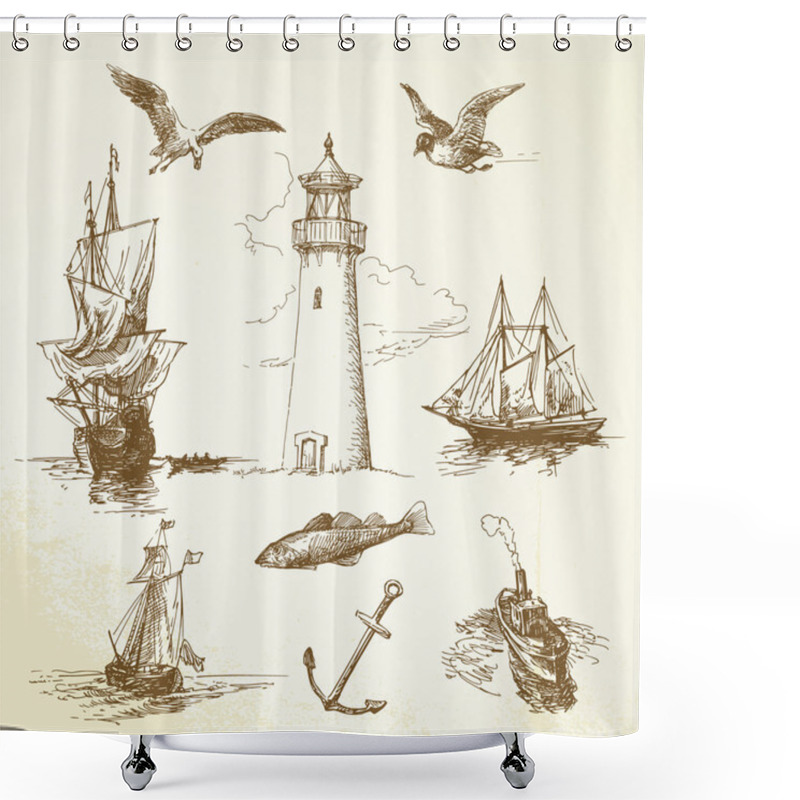 Personality  Hand Drawn Nautical Elements Shower Curtains