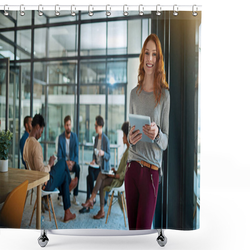 Personality  Woman, Tablet And Portrait In Coworking Office, Business And Tech For Online Information Or Research For Creative Project. Team, Working And Advertising Company And Brainstorming, Startup Or Employee. Shower Curtains