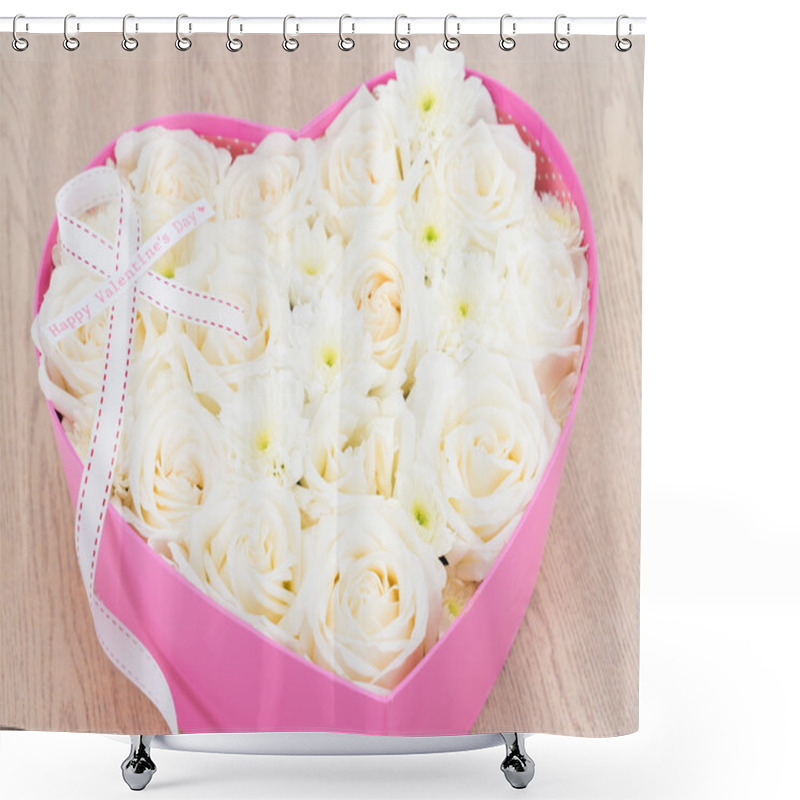 Personality  White Roses And Pearl And Diamond Held In The Heart Shape Box Shower Curtains