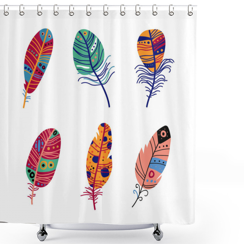 Personality  Colorful Feather And Plumage As Boho Tribal Element Vector Set. Ethnic Decorative Ornamental Plume Concept Shower Curtains