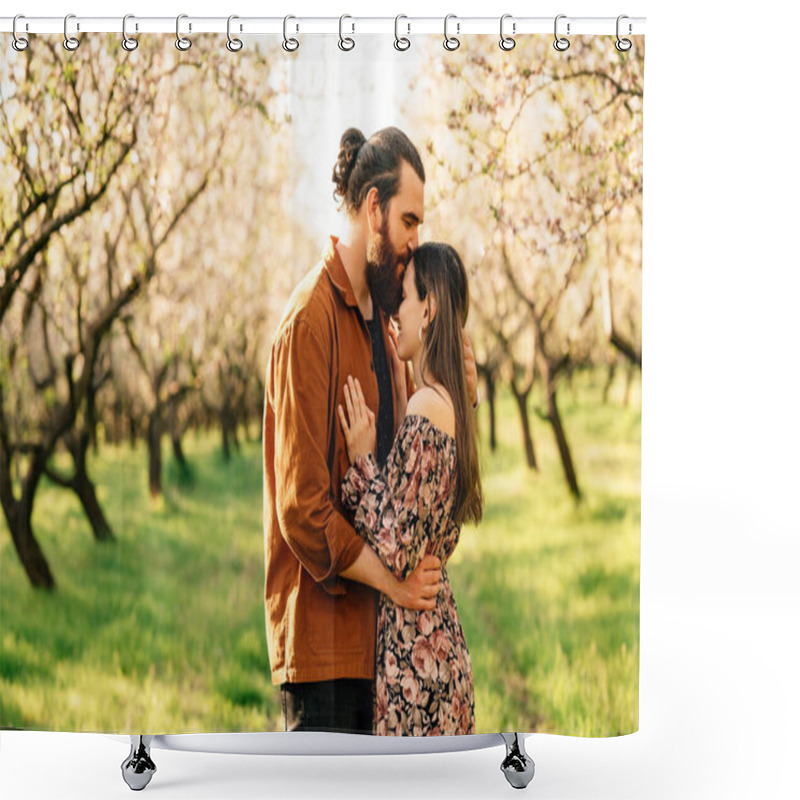 Personality  A Couple Embraces In A Blooming Orchard During Spring, Love And Nature In Harmony, Creating A Romantic Scene Shower Curtains