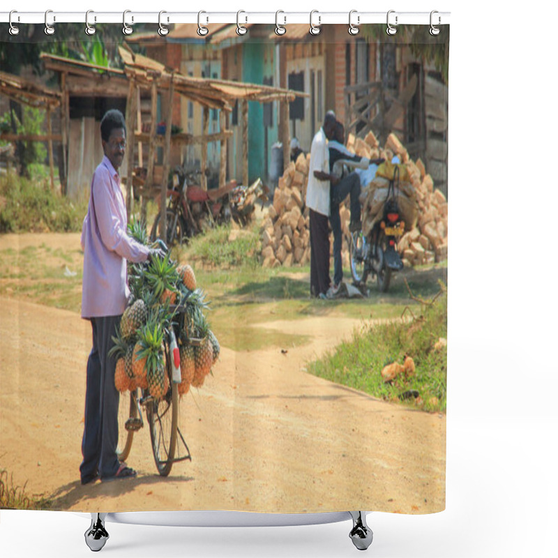 Personality  Jinja, Uganda - January 28, 2015: A Rustic Mobile Market - A Vendor Sells Fresh And Ripe Yellow Pineapples Straight From The Bike Shower Curtains