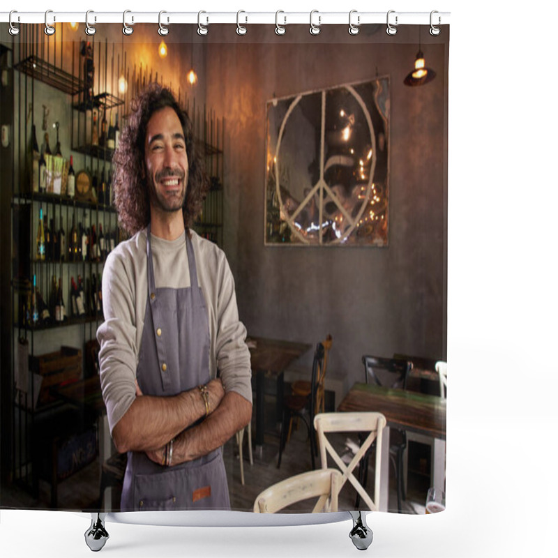 Personality  Portrait Of A Young Caucasian Man Looking At Camera In A Restaurant. Proud And Smiley Waiter Standing Up In A Cafeteria Crossing Arms. Cheerful Owner Of A Restaurant Poising Confident Shower Curtains