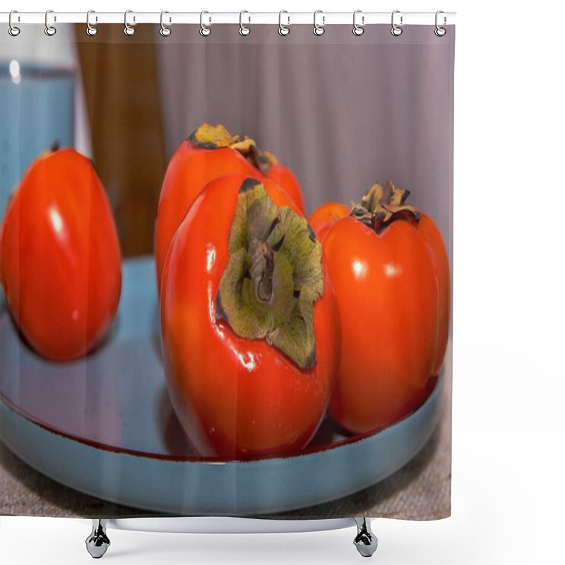 Personality  Close-up Of Fresh Persimmons On A Ceramic Plate Shower Curtains