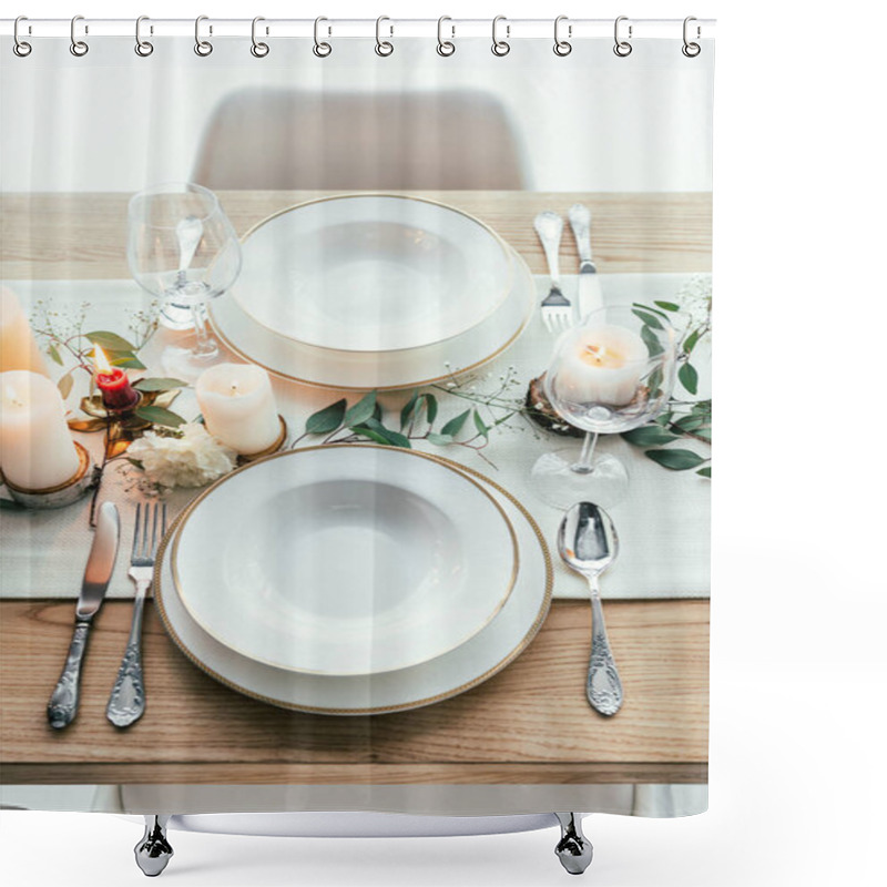 Personality  Close Up View Of Stylish Table Setting With Candles, Empty Wineglasses And Plates For Rustic Wedding Shower Curtains