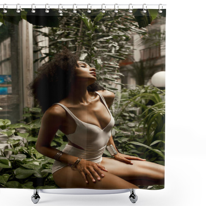 Personality  Serene Beauty, Young African American Woman Posing In White Swimwear In A Verdant Garden Oasis Shower Curtains