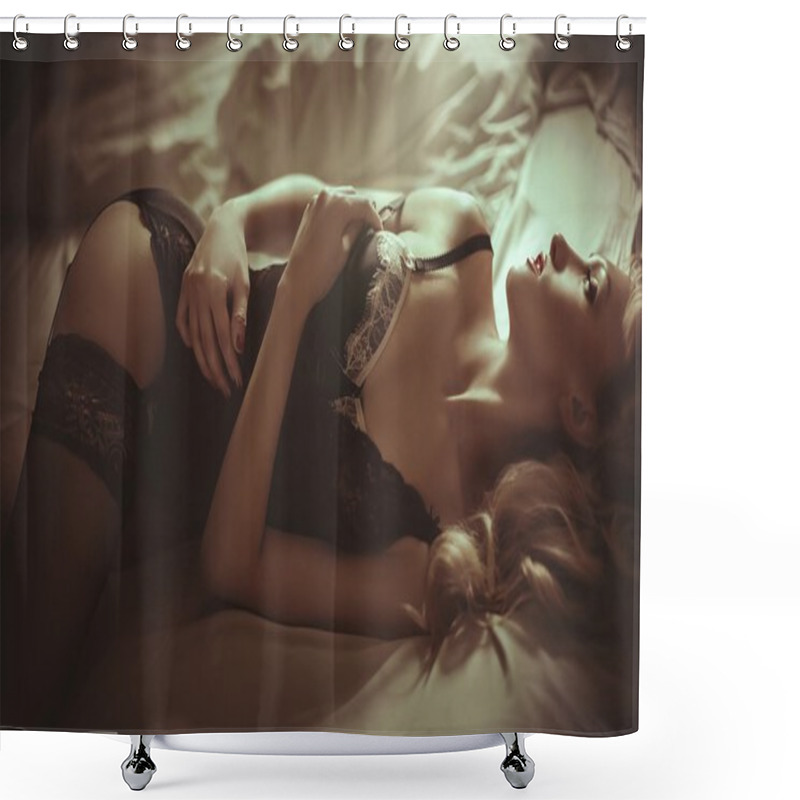 Personality  Blonde Girl In Black Underclothes Shower Curtains