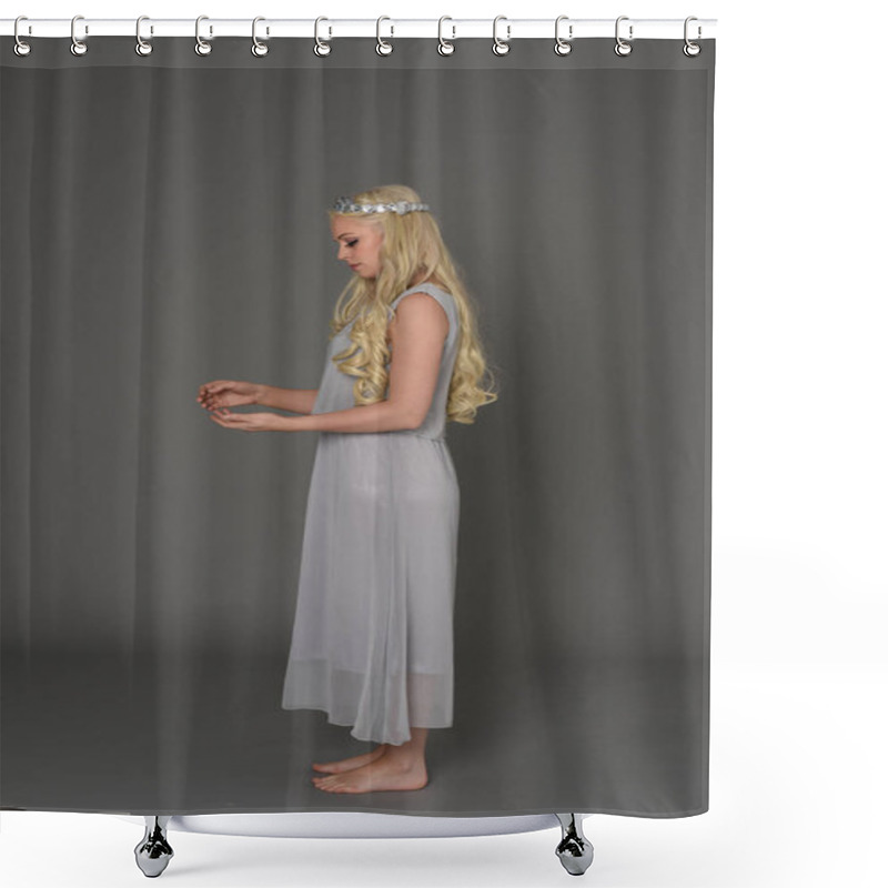 Personality  Full Length Portrait Of Blonde Girl Wearing Crow And Grey Dress, Standing Pose In Side Profile.  Grey Studio Background. Shower Curtains