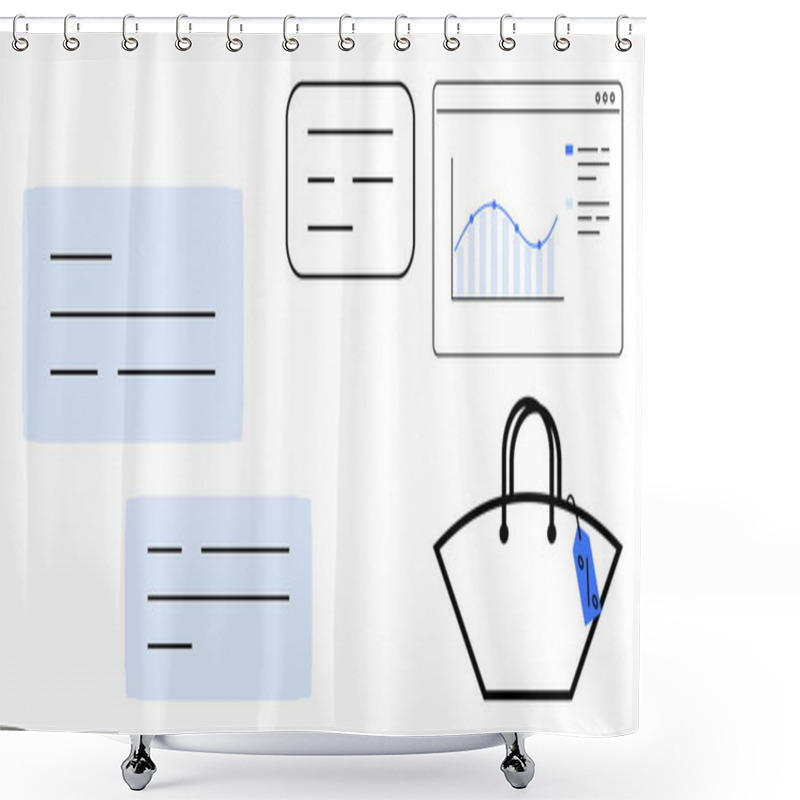 Personality  Simplistic Design Of A Sales Chart On A Webpage, Two Review Comments, And A Shopping Bag With A Sale Tag. Ideal For E-commerce, Sales Strategy, Online Business, Customer Feedback, Market Analysis Shower Curtains