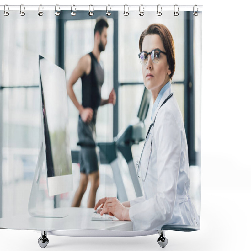 Personality  Doctor In Glasses Using Computer While Sportsman Running On Treadmill During Endurance Test In Gym Shower Curtains