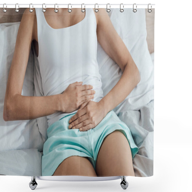 Personality  Partial View Of Girl Lying On Bed And Touching Belly Shower Curtains