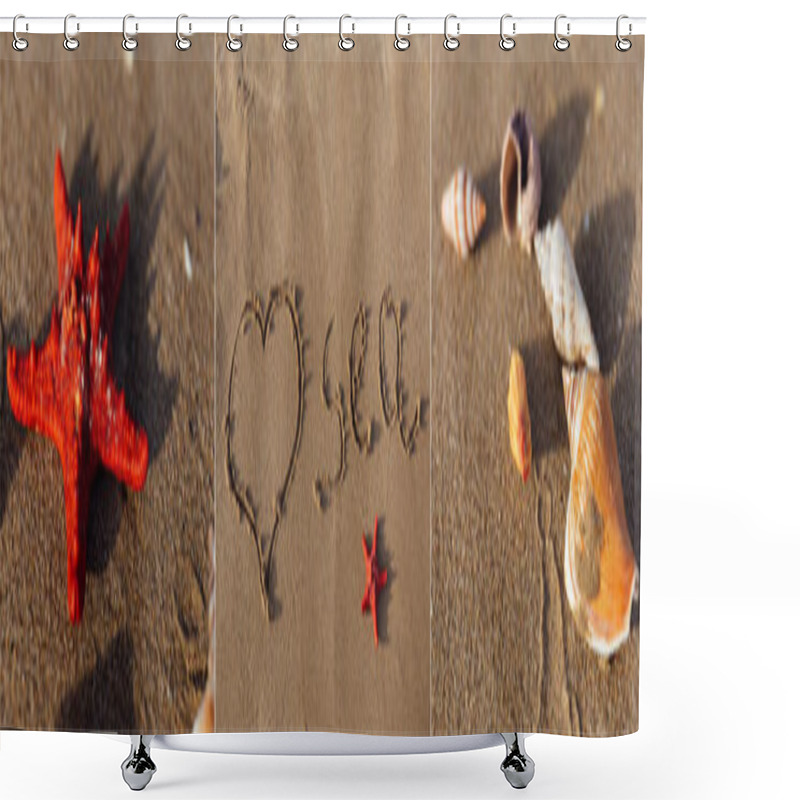 Personality  Collage Of Love Sign With Sea Lettering And Seashells With Starfish On Beach Sand  Shower Curtains