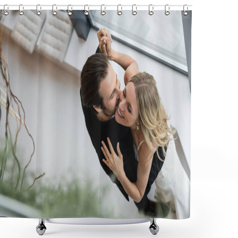 Personality  Overhead View Of Cheerful Elegant Couple Dancing In Restaurant  Shower Curtains