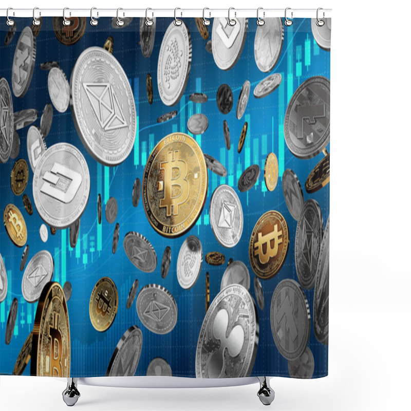 Personality  Flying Altcoins With Bitcoin In The Center As The Leader. Bitcoin As Most Important Cryptocurrency Concept. 3D Illustration Shower Curtains