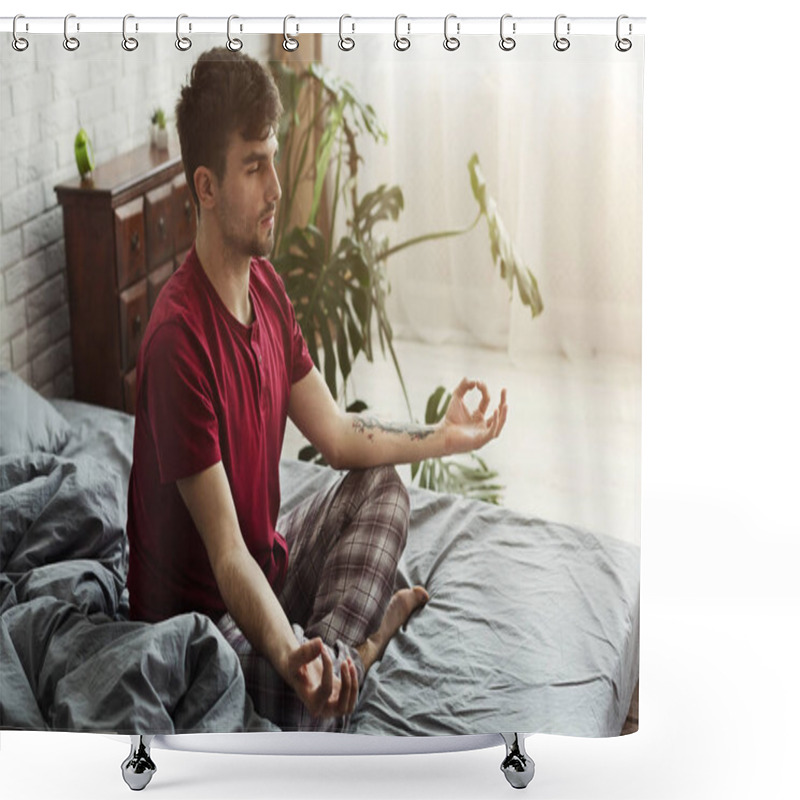 Personality  Young Man Sitting In Bed In Lotus Pose Shower Curtains