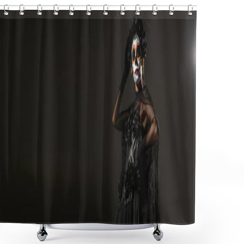 Personality  Woman In Spooky Halloween Makeup And Dark Witch Costume On Black Background, Banner Shower Curtains