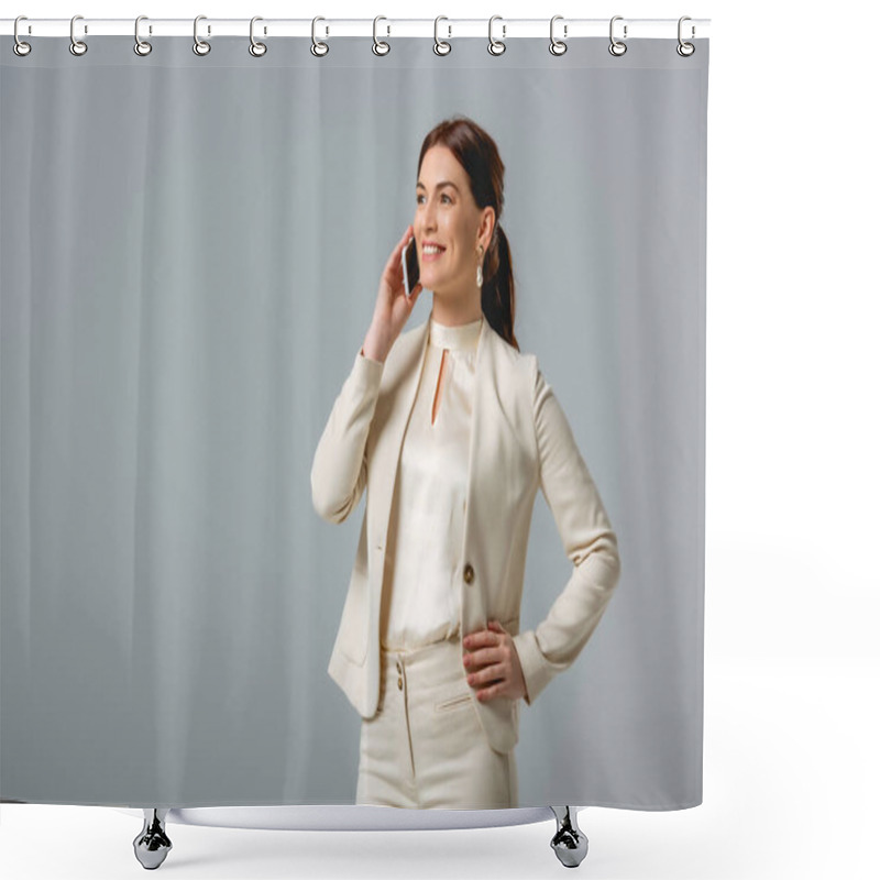 Personality  Attractive Woman In Formal Wear Smiling While Talking On Smartphone Isolated On Grey  Shower Curtains