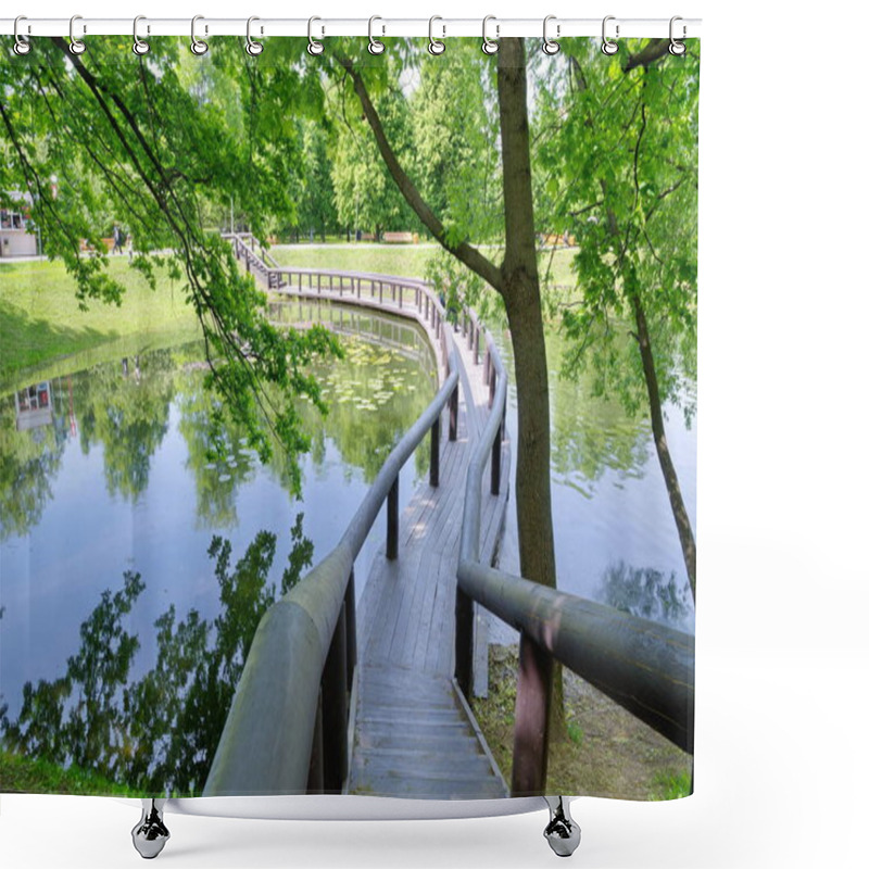 Personality  Vorontsov Park In Moscow, Russia. Wooden Bridge Over The Pond Shower Curtains