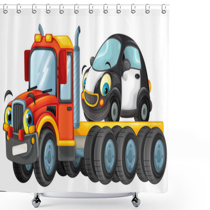 Personality  Cartoon Scene With Tow Truck Driving With Load Other Car Isolated Illustration For Children Shower Curtains