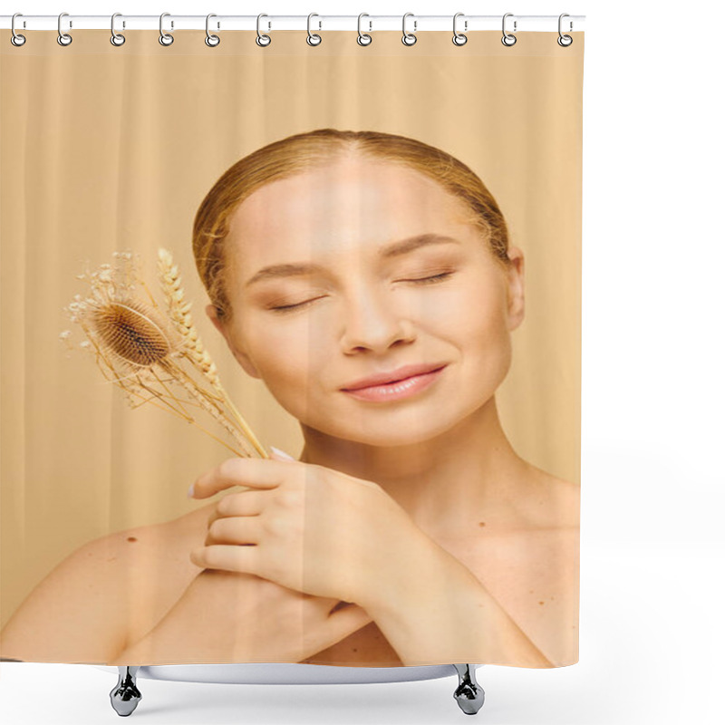 Personality  A Young Woman Cherishes Dried Flowers While Expressing Serenity And Confidence In A Soft Setting. Shower Curtains