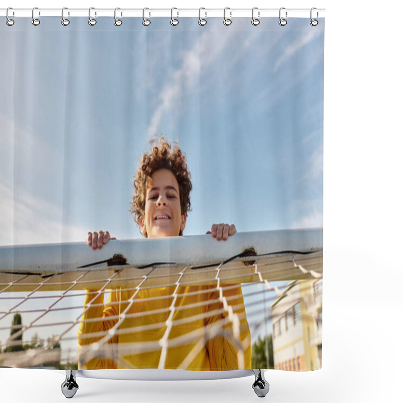 Personality  A Peaceful Moment Captured As A Young Boy Delicately Holds A Surfboard Above A Hammock, Embodying The Carefree Spirit Of Summer By The Beach. Shower Curtains