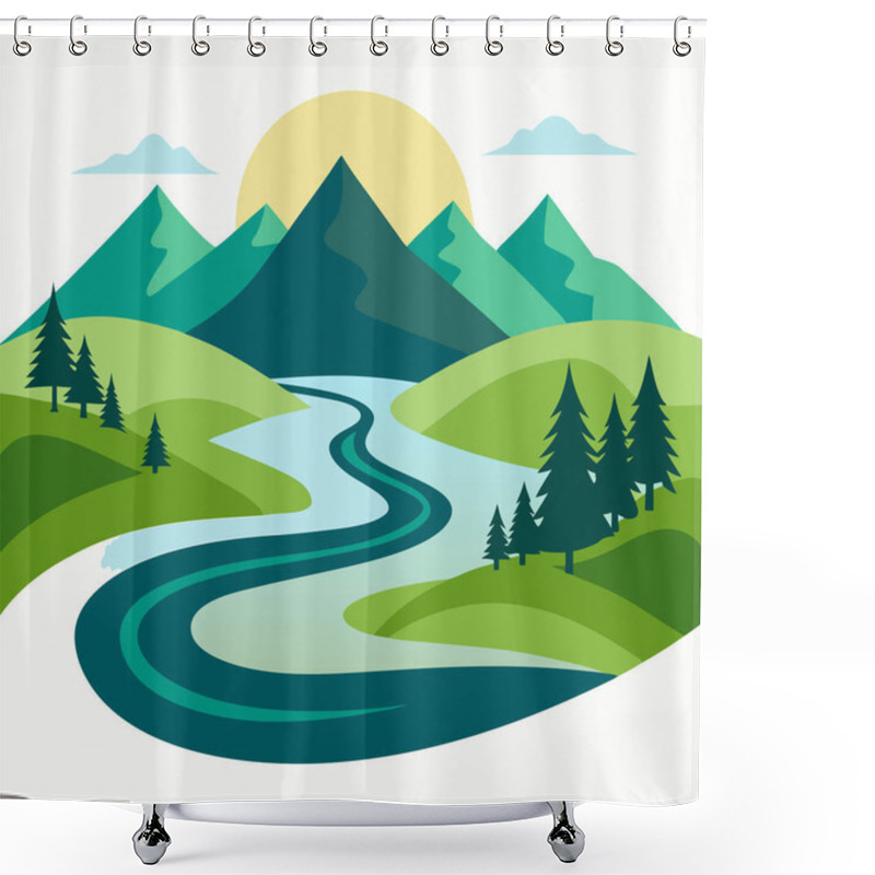 Personality  Scenic Mountain River Landscape With Green Hills And Trees Shower Curtains