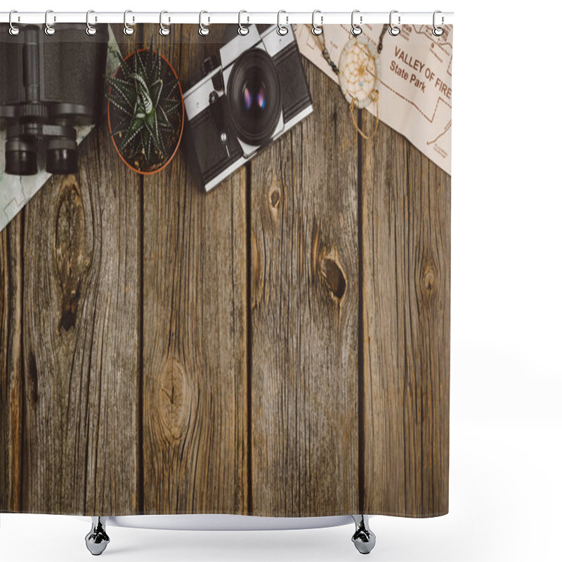 Personality  Travel Accessories Top View On Wooden Background With Copy Space Shower Curtains