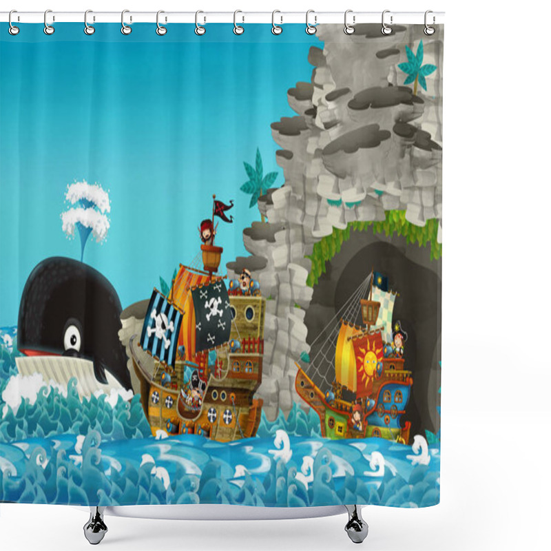 Personality  Cartoon Scene With Pirate Ship Sailing Through The Seas Sailing Out Of Secret Cave - Illustration For Children Shower Curtains