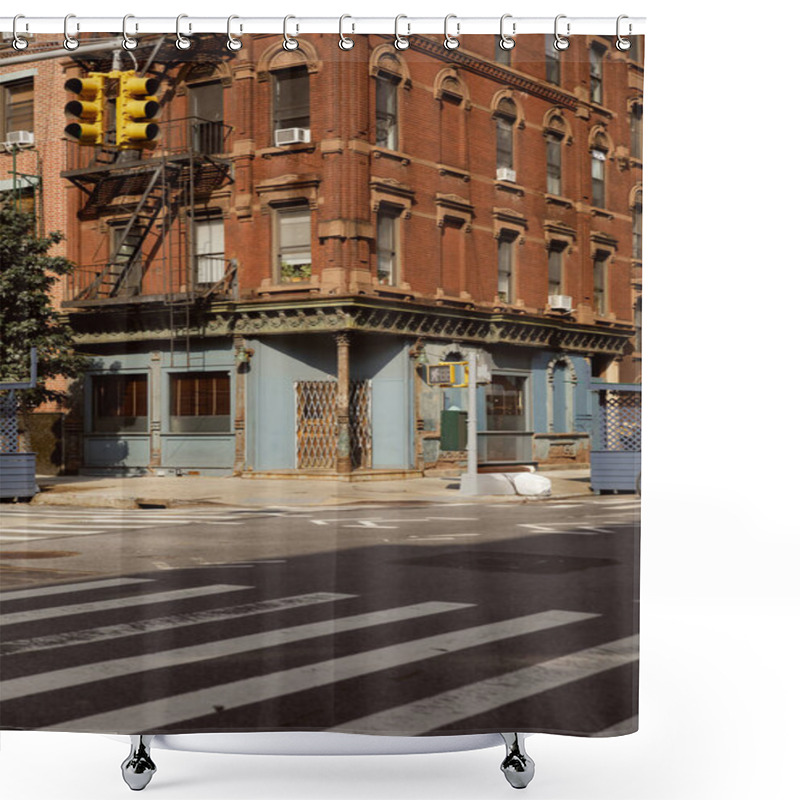 Personality  Vintage Building With Fire Escape Stairs Near Pedestrian Crossing In New York City, Urban Scene Shower Curtains