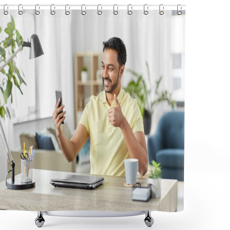 Personality  Indian Man Having Video Call On Smartphone At Home Shower Curtains