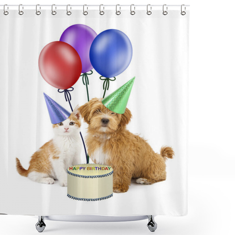 Personality  Puppy And Kitten In Birthday Hats Shower Curtains