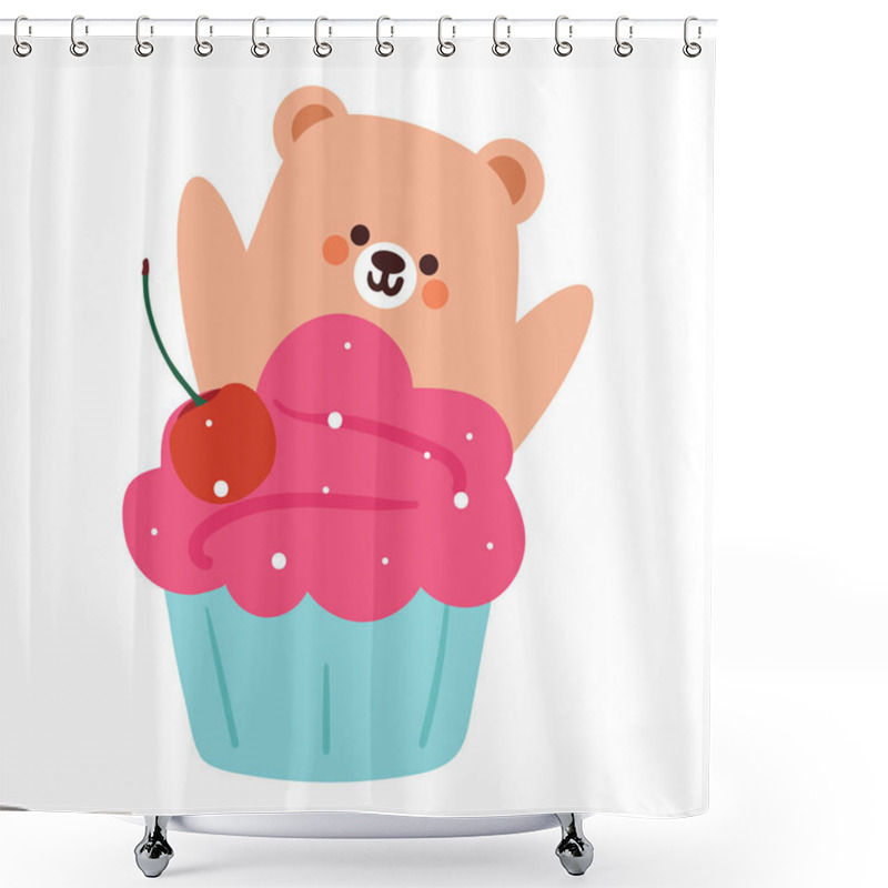 Personality  Cute Hand Drawing Cartoon Bear With Strawberry Cupcake. Cute Animal Sticker With Cute Dessert. Cute Doodle Shower Curtains