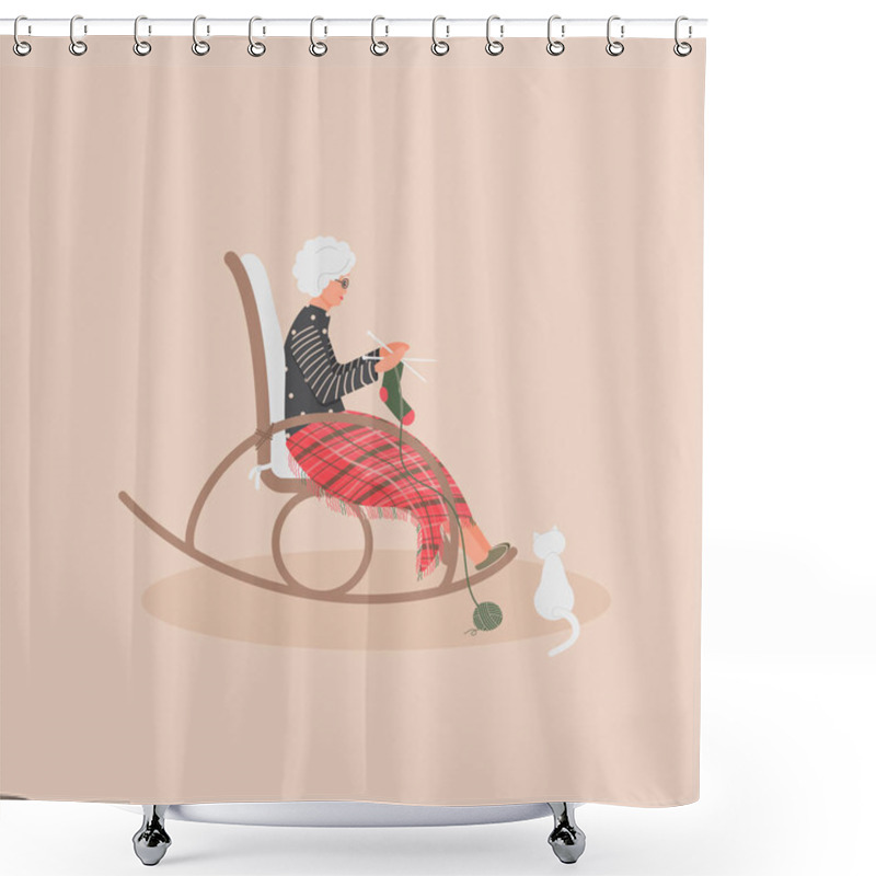 Personality  Elderly Cute Woman Is Sitting In A Rocking Chair.Old Lady Covered Her Feet With Checked Woollen Plaid.Cartoon Granny Is Knitting A Sock In A Comfortable Rocker.White Cat Sit Next.Vector Illustration Shower Curtains