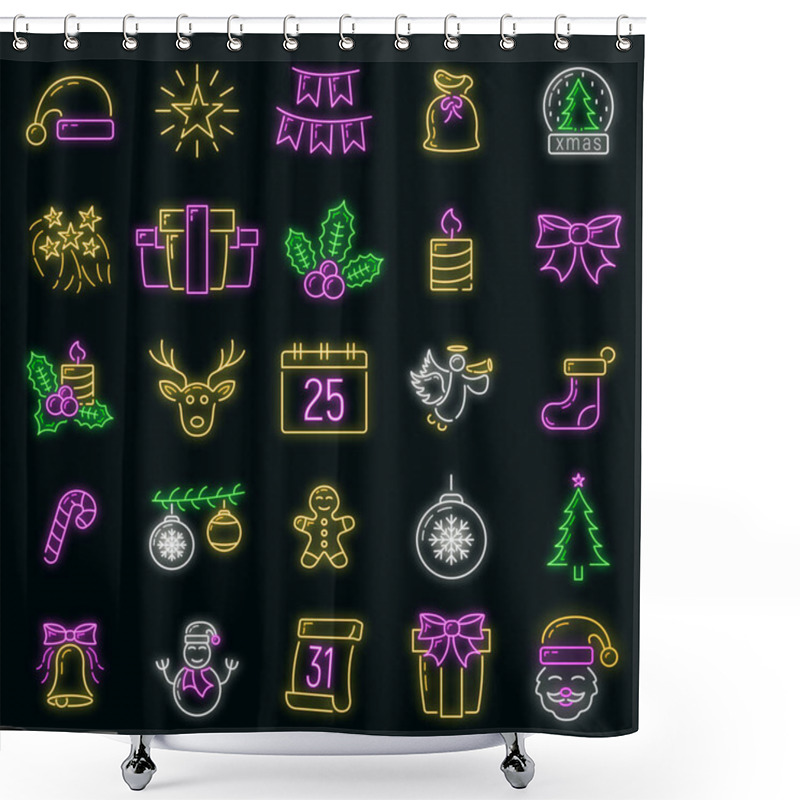 Personality  Concept Happy New Year And Merry Christmas Neon Glow Style Icon, Xmas Label Holiday Winter Time Flat Vector Illustration, Isolated Symbol On Black. Shower Curtains