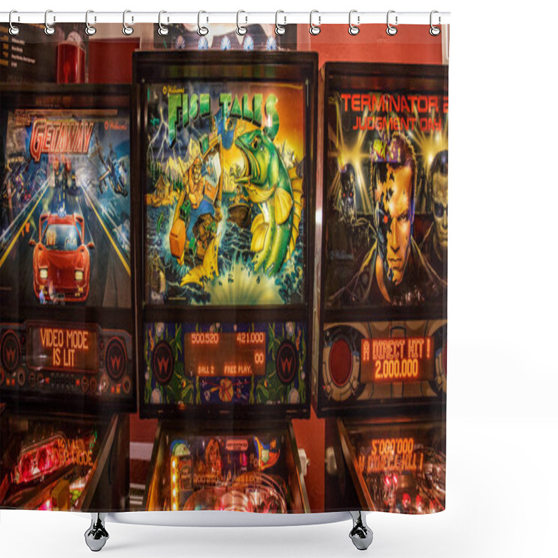 Personality  Budapest, Hungary - March 25, 2018: Pinball Museum. Pinball Table Close Up View Of Vintage Machine Shower Curtains