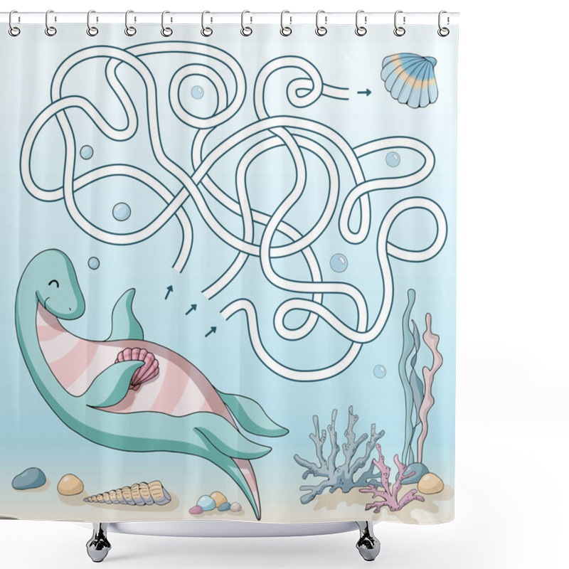 Personality  Labyrinth. Maze Game For Kids. Help Cute Cartoon Swimming Dinosaur Find Path To The Sea Shell. Vector Illustration. Blue And Turquoise Pastel Colors. Shower Curtains