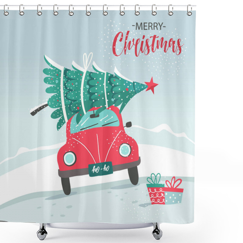 Personality  Vector Picture With Red Car And Christmas Tree. Christmas Picture. Red Pickup. New Year Illustration Delivery Service. Shower Curtains