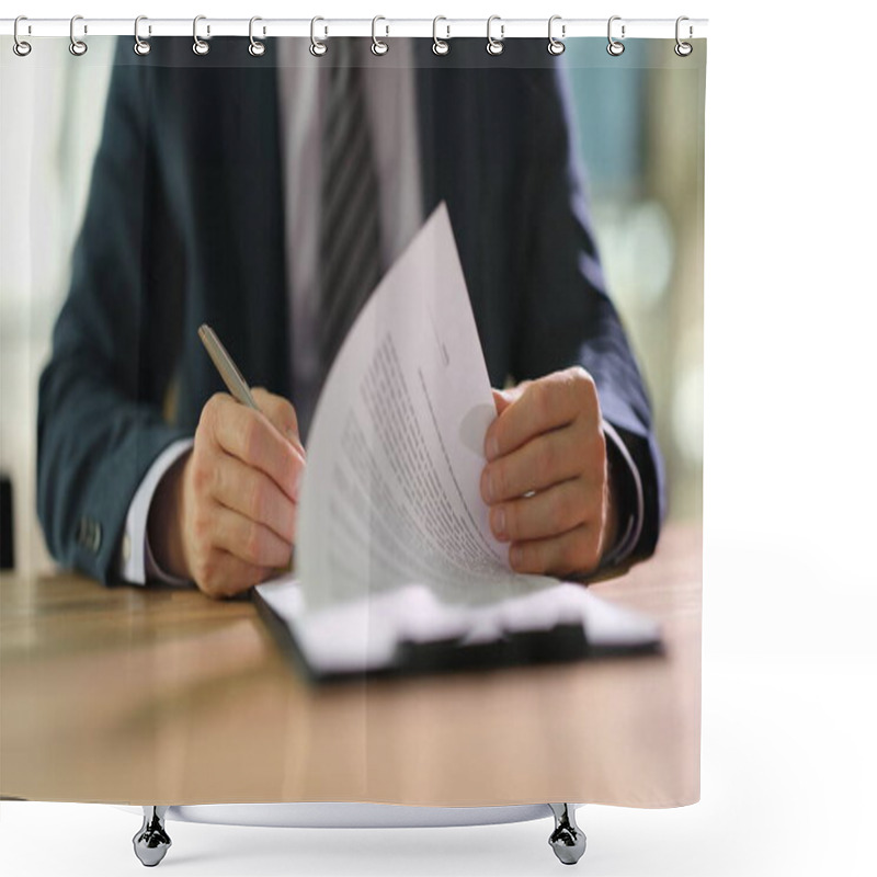 Personality  Businessman Leafing Through Documents And Signing Contract For Business Deal At Work In Office Closeup. Certification Of Documentation And Control Concept Shower Curtains