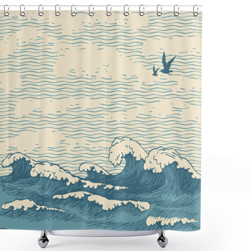 Personality  Vector Hand-drawn Seascape In Retro Style With Waves, Seagulls And Clouds In The Sky. Decorative Illustration Of The Sea Or Ocean, Water Waves On The Old Paper Background Shower Curtains